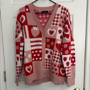 Hot Topic Red and Pink Heart & Strawberry Patchwork Cardigan